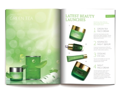 Double page catalogue produit green tea avec mise en page beauté